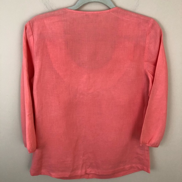 Boden Top Womens 6 Peach Coral  100% Linen 3/4 Sleeves Embellished Neckline - Picture 5 of 8
